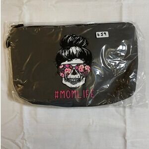 The Pouch Cosmetic Bag Womens OS Black NWT Mom Life Skull Floral Zipper Pouch